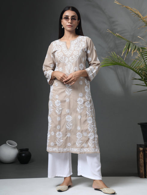 Aanchal in HOK Chikankari Long Kurti for Women Beige & White-2